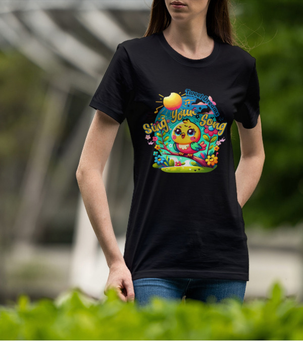 Tweet Dreams Sing Your Song Brightly-Colored Cartoon Bird And Musical Notes T-Shirt
