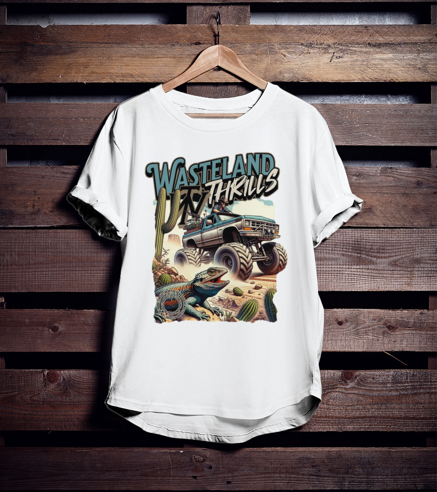 Wasteland Thrills Monster Truck Adventure With Lizard And Cactus Desert Scene T-Shirt
