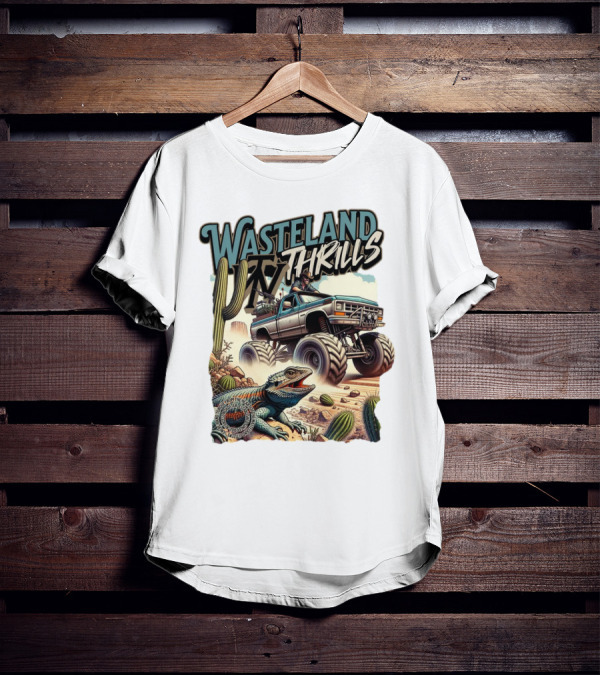 Wasteland Thrills Monster Truck Adventure With Lizard And Cactus Desert Scene T-Shirt