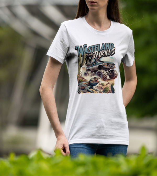 Wasteland Thrills Monster Truck Adventure With Lizard And Cactus Desert Scene T-Shirt