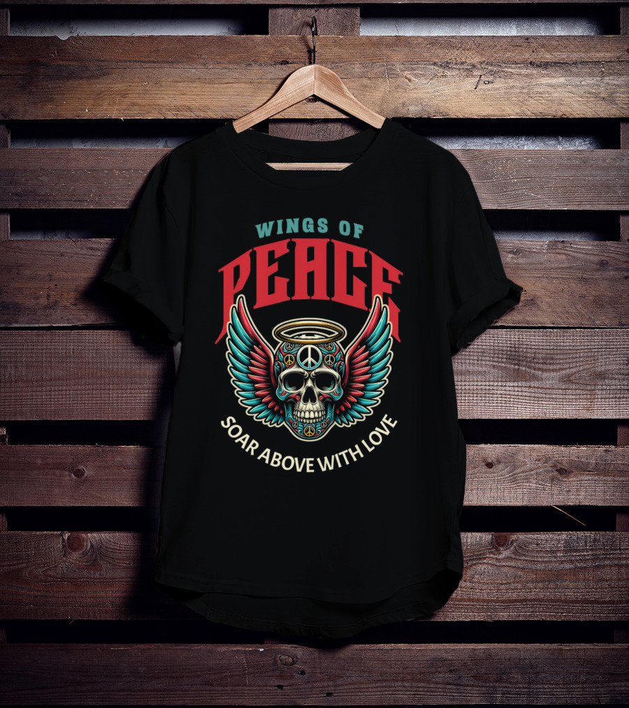 Wings Of Peace Soar Above With Love Peace Symbol Skull And Wings T-Shirt