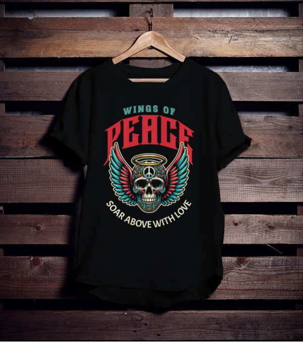Wings Of Peace Soar Above With Love Peace Symbol Skull And Wings T-Shirt