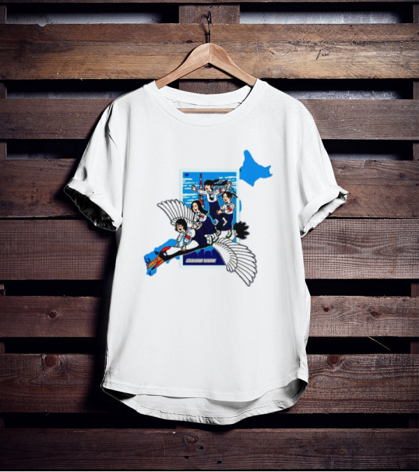 Atarashii Gakko Navy Crane Cartoon With Energetic Flyers And Blue Map Highlight T-Shirt