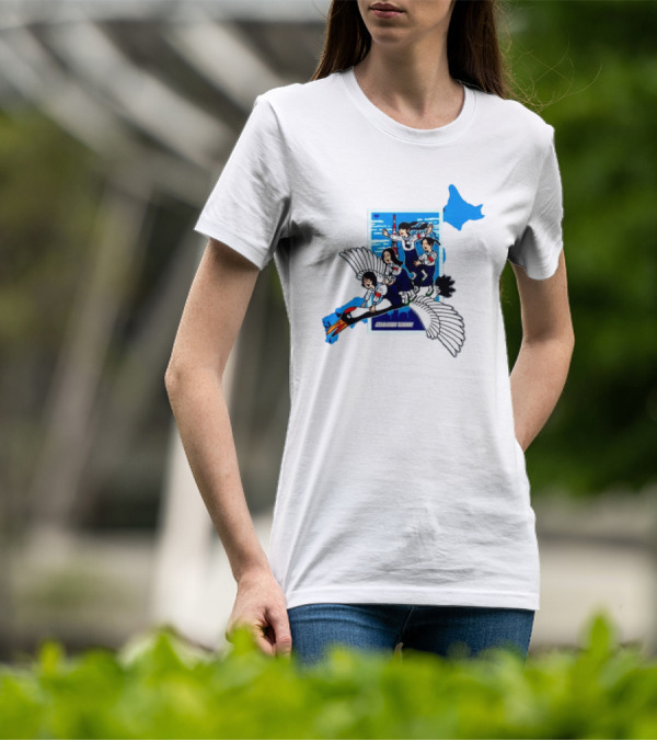 Atarashii Gakko Navy Crane Cartoon With Energetic Flyers And Blue Map Highlight T-Shirt
