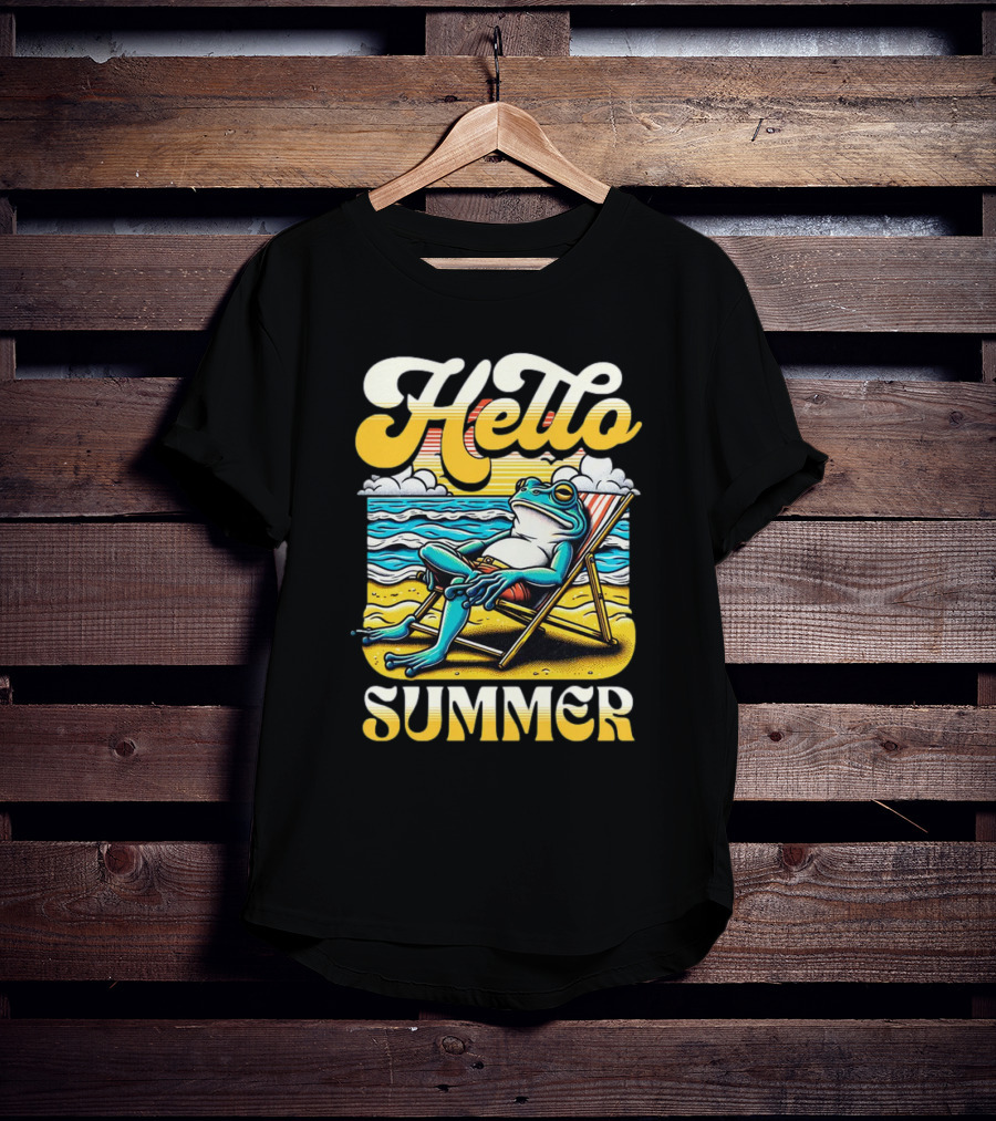 Hello Summer Frog Vintage Beach Scene T-Shirt