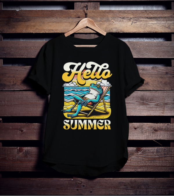 Hello Summer Frog Vintage Beach Scene T-Shirt