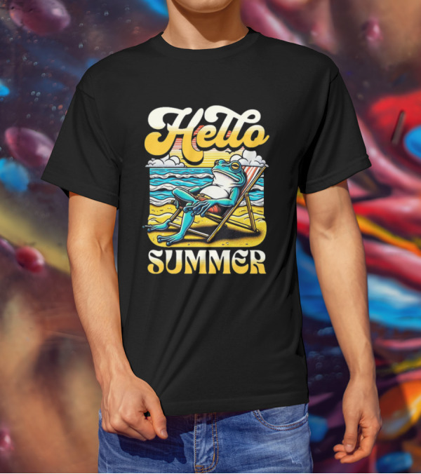 Hello Summer Frog Vintage Beach Scene T-Shirt