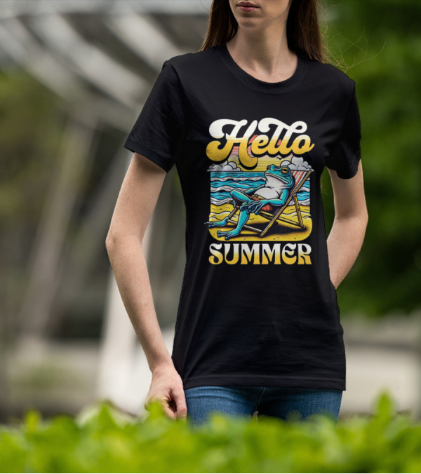 Hello Summer Frog Vintage Beach Scene T-Shirt