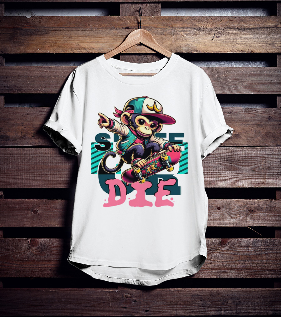 Skate Or Die Monkey On Skateboard With Cap And Jacket T-Shirt