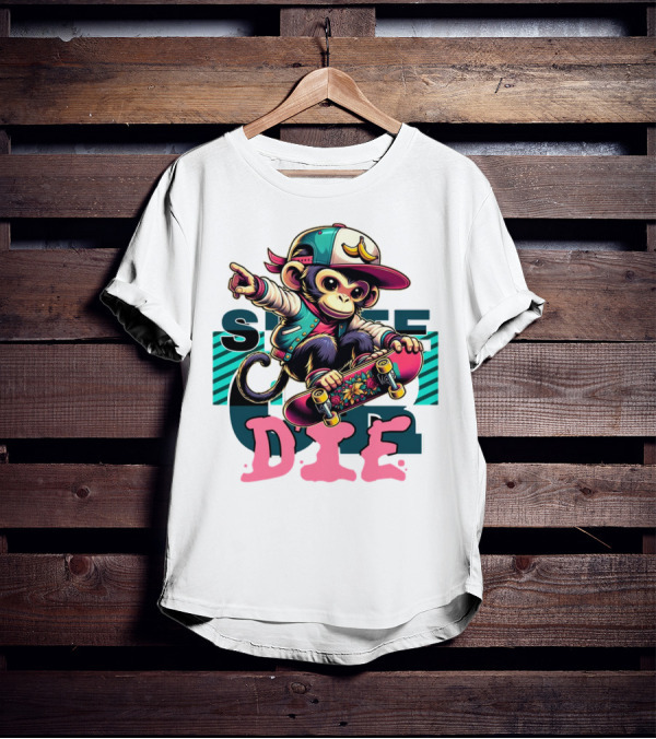 Skate Or Die Monkey On Skateboard With Cap And Jacket T-Shirt