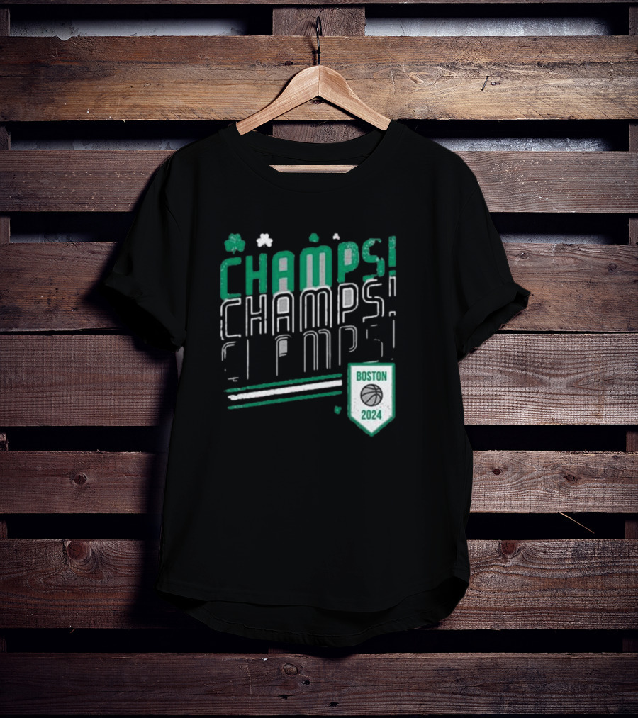 Boston Celtics ’24 Champs Champs Champs Basketball Shield T-Shirt