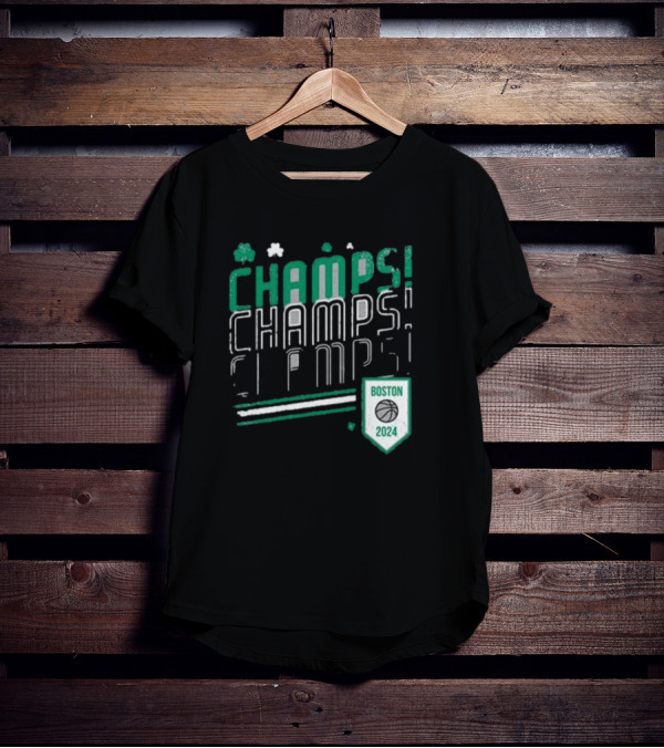 Boston Celtics ’24 Champs Champs Champs Basketball Shield T-Shirt