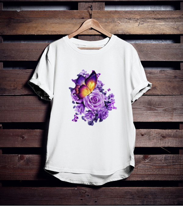 Butterfly Purple Rose Blossoms Floral Arrangement T-Shirt