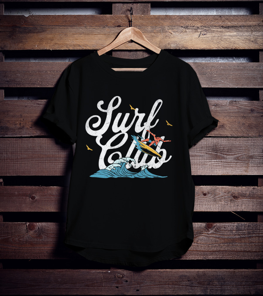 Surf Club Vintage Surfing Wave With Seagulls And Surfer T-Shirt
