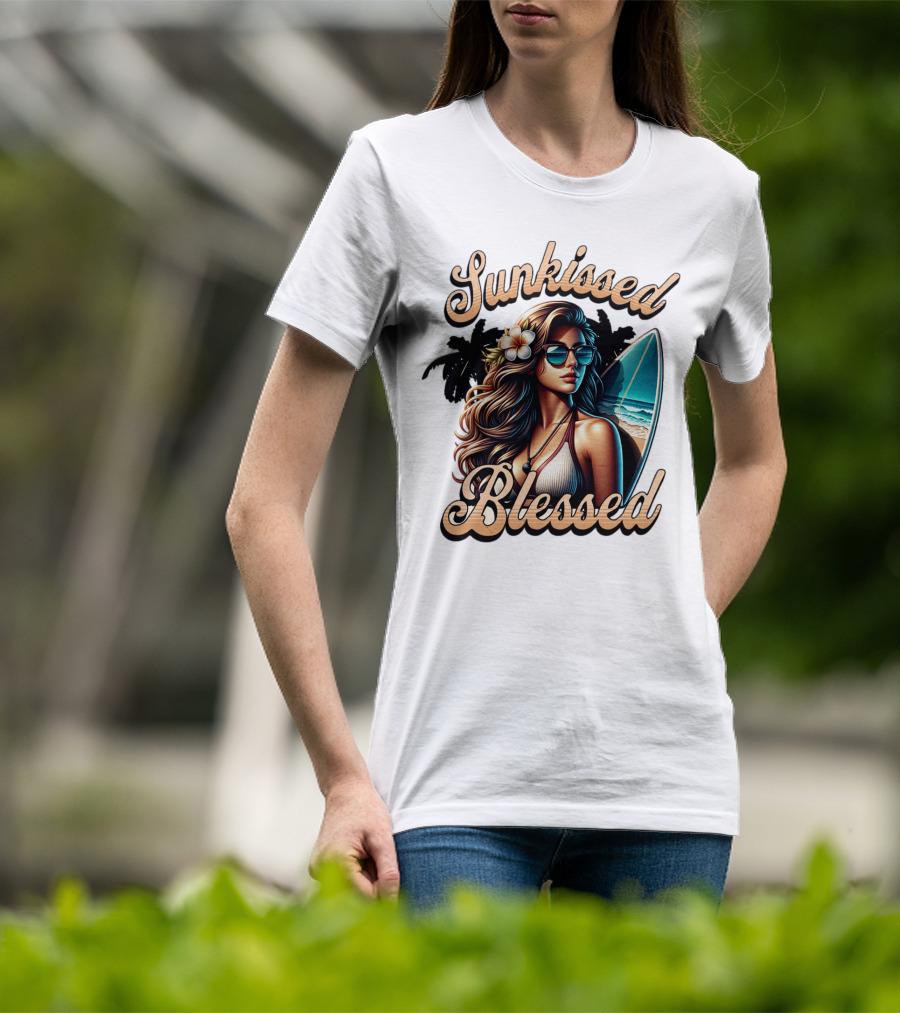 Sunkissed Blessed Surfer Girl In Sunglasses With Surfboard And Flower In Hair T-Shirt
