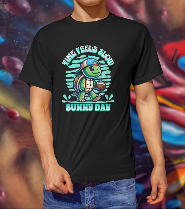 Time Feels Slow With Sunny Day Turtle In Hat And Coconut T-Shirt