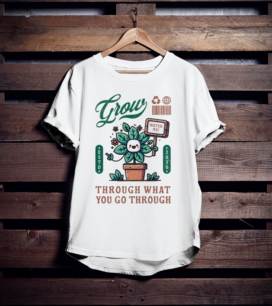 Grow Cute Mascot Plant In A Pot With Water Me Through What You Go Through ESTD 2030 T-Shirt