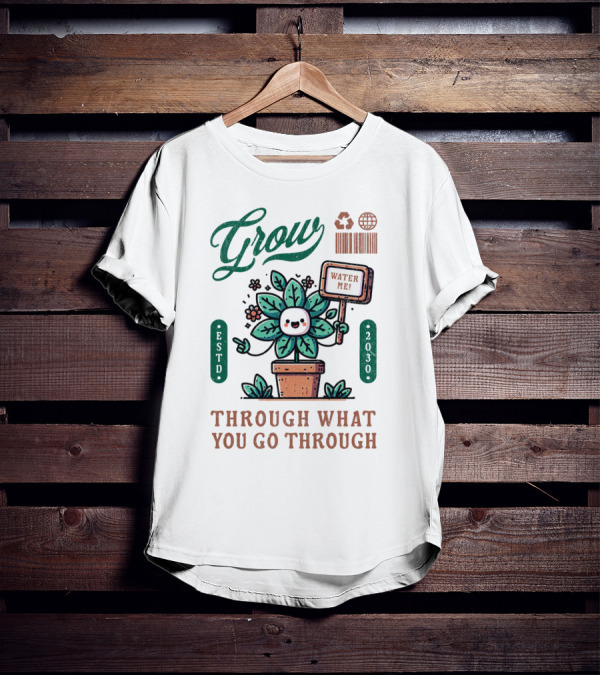 Grow Cute Mascot Plant In A Pot With Water Me Through What You Go Through ESTD 2030 T-Shirt