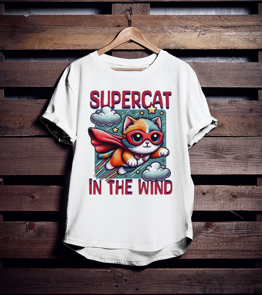 SUPER CAT IN THE WIND STAR ADVENTURE WITH CLOUDS AND CAPE T-Shirt