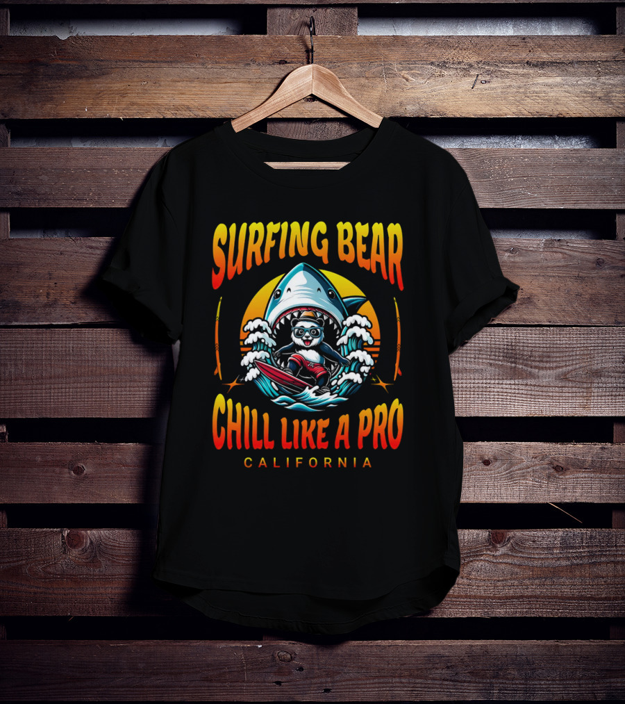 Surfing Bear Chill Like A Pro California Shark Waves Adventure T-Shirt