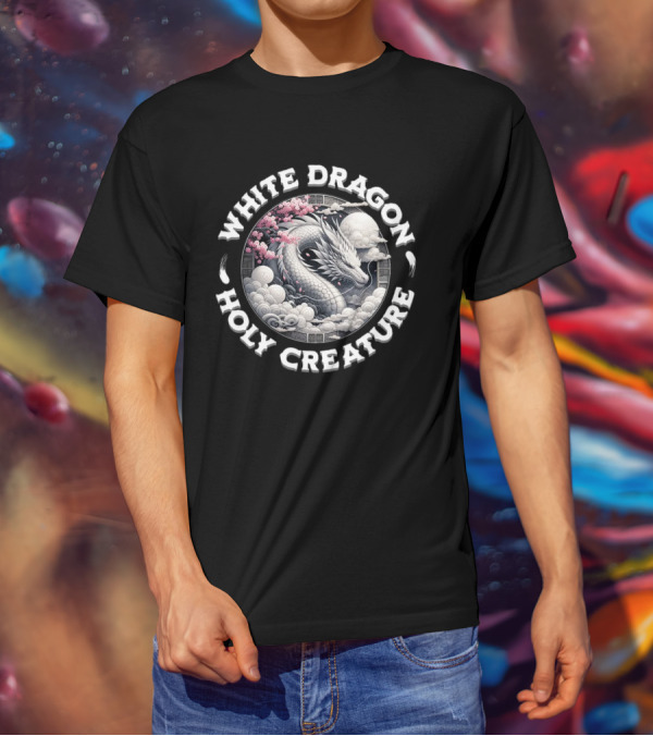White Dragon Holy Creature Cherry Blossom Circular T-Shirt