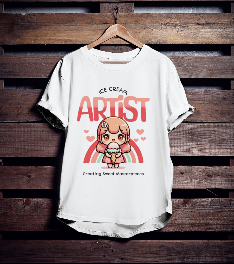 Ice Cream Artist Creating Sweet Masterpieces Kawaii Girl With Hearts And Rainbow T-Shirt