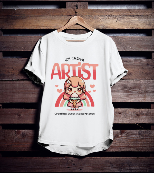 Ice Cream Artist Creating Sweet Masterpieces Kawaii Girl With Hearts And Rainbow T-Shirt