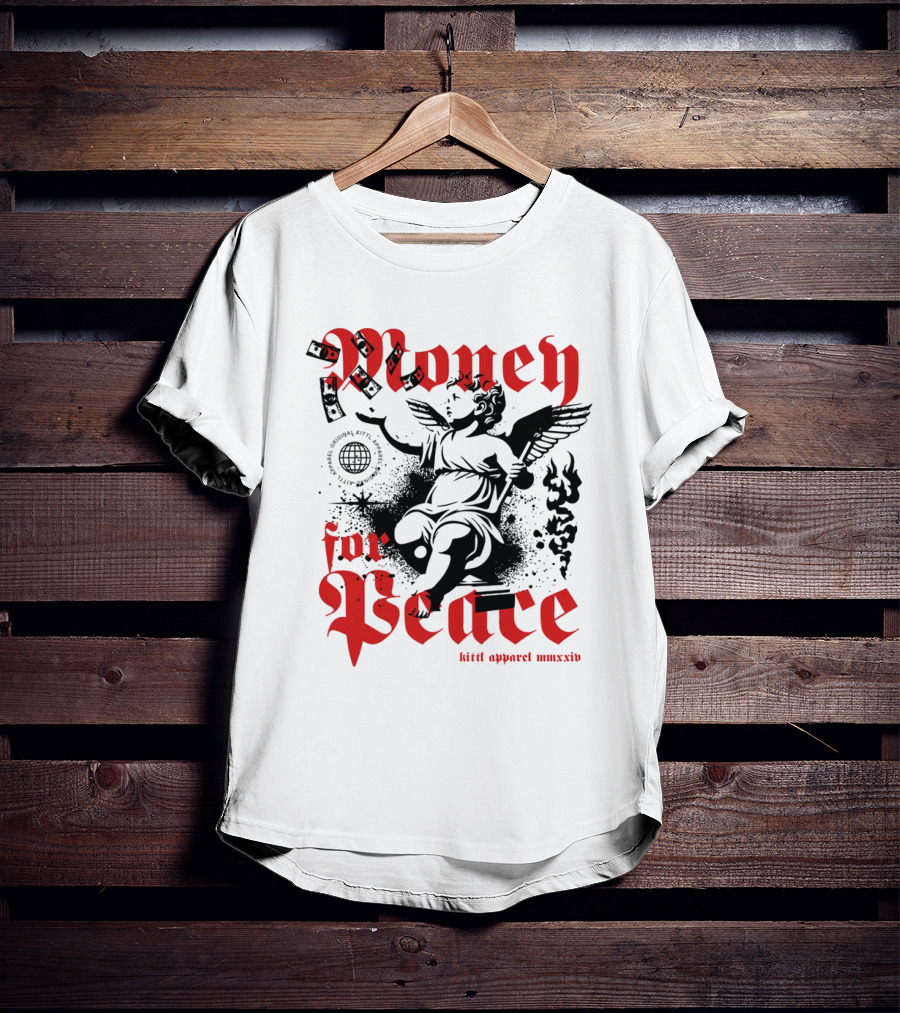 Money For Peace Cherub With Globe And Dollar Bills Kittl Apparel MMXXIV T-Shirt