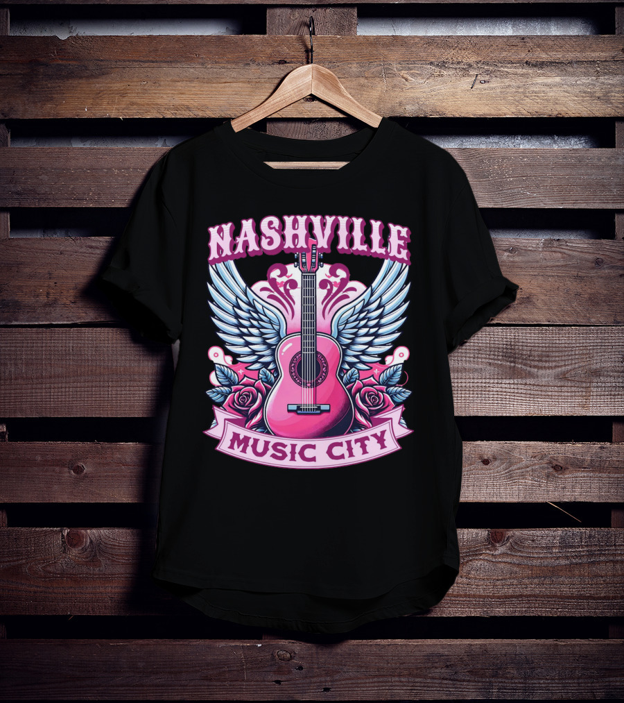Nashville Music City Pink Guitar Wings Roses T-Shirt