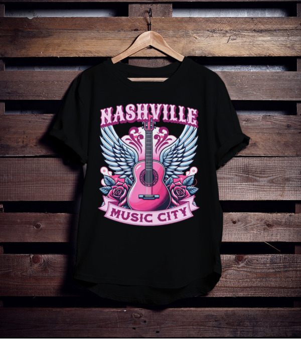 Nashville Music City Pink Guitar Wings Roses T-Shirt