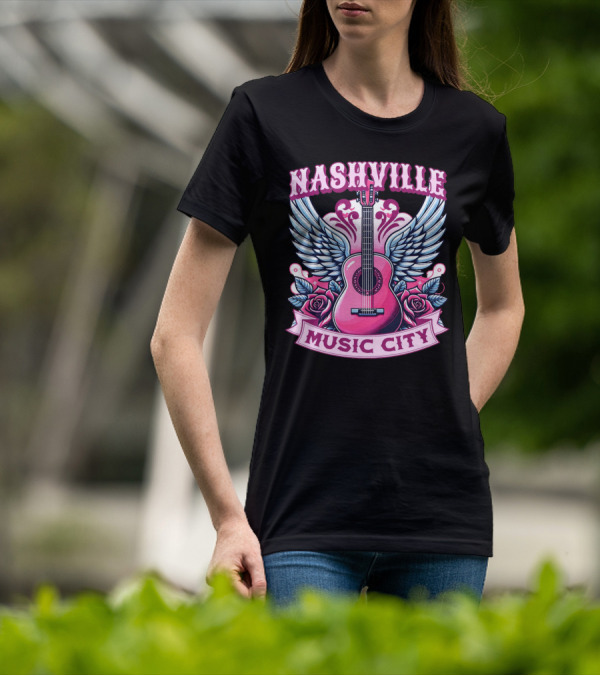 Nashville Music City Pink Guitar Wings Roses T-Shirt