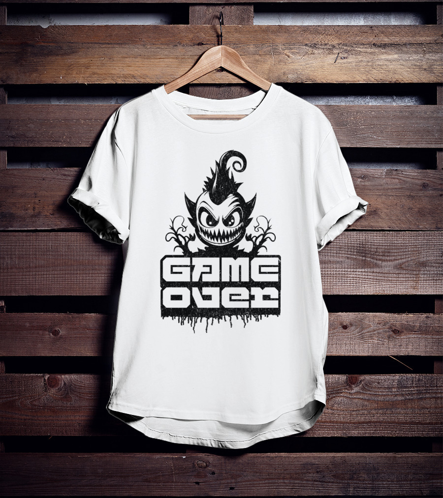 GAME OVER Creepy Monster Icon With Sharp Teeth And Spiky Hair T-Shirt
