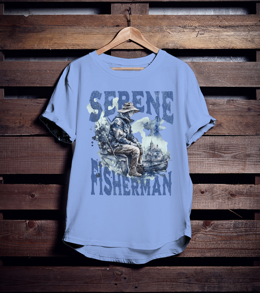 Serene Fisherman In Tranquil Lakeside Town With Boat And Reflection T-Shirt
