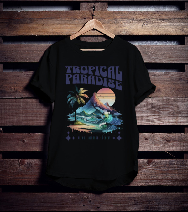 Tropical Paradise Palm Waves Island Horizon Sunset T-Shirt