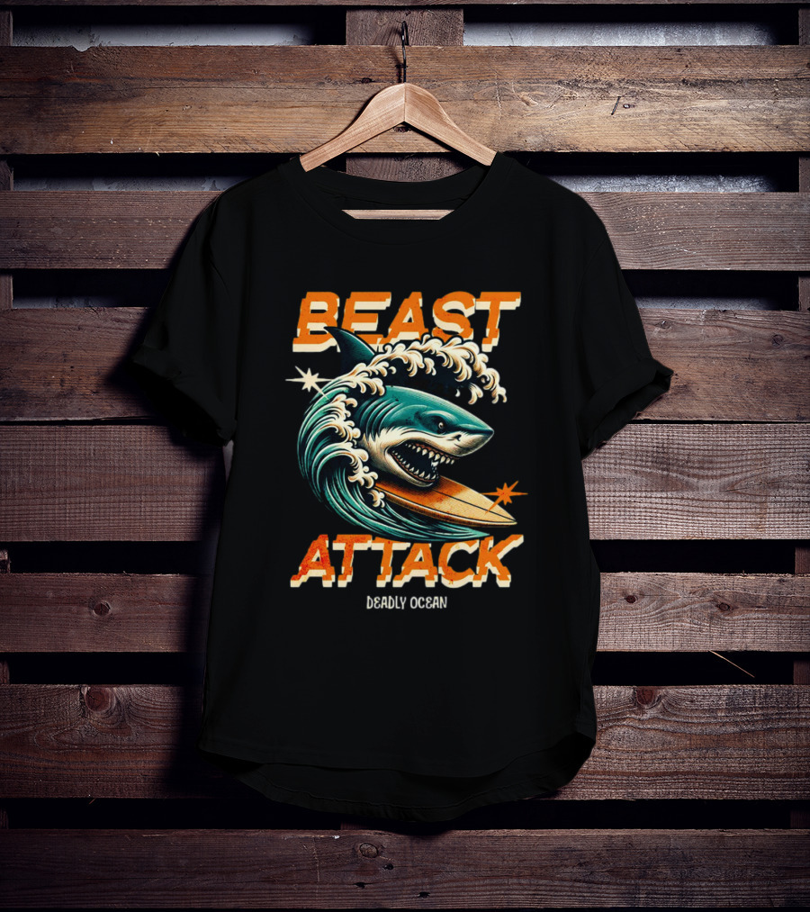 Beast Attack Deadly Ocean Shark Wave Surfboard T-Shirt