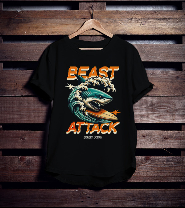 Beast Attack Deadly Ocean Shark Wave Surfboard T-Shirt