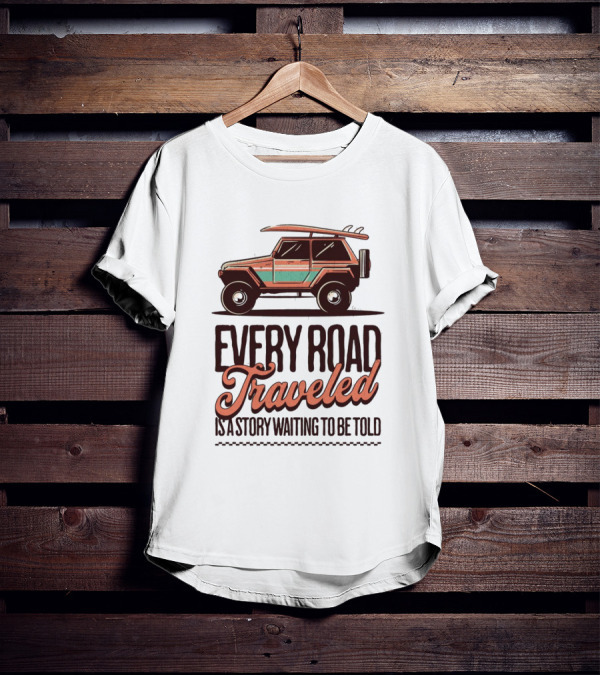 Every Road Traveled Is A Story Waiting To Be Told Green And Orang Traveling Quotes Typography Jeep T-Shirt