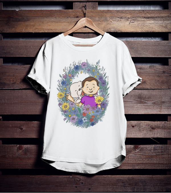 Dog Dad Cartoon Embrace In Floral Frame T-Shirt