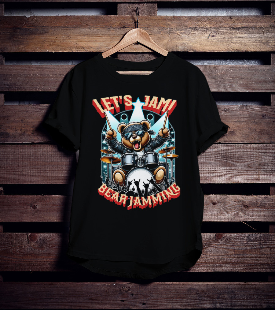 Let's Jam Bear Jamming Rock Drummer Concert Stage Electric Bear T-Shirt