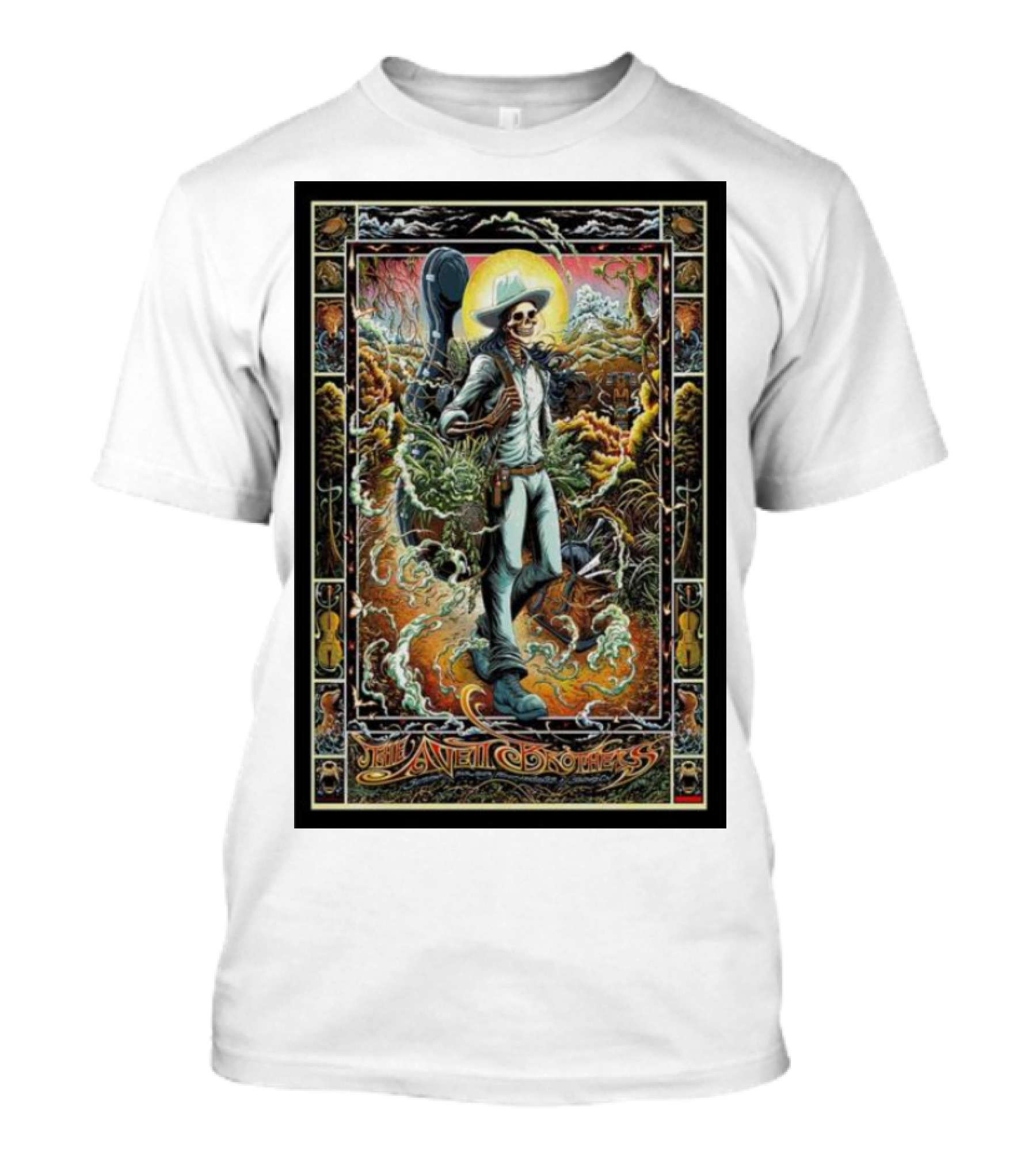 The Avett Brothers Skeleton Cowboy With Guitar And Sunburst Background Stanford T-Shirt