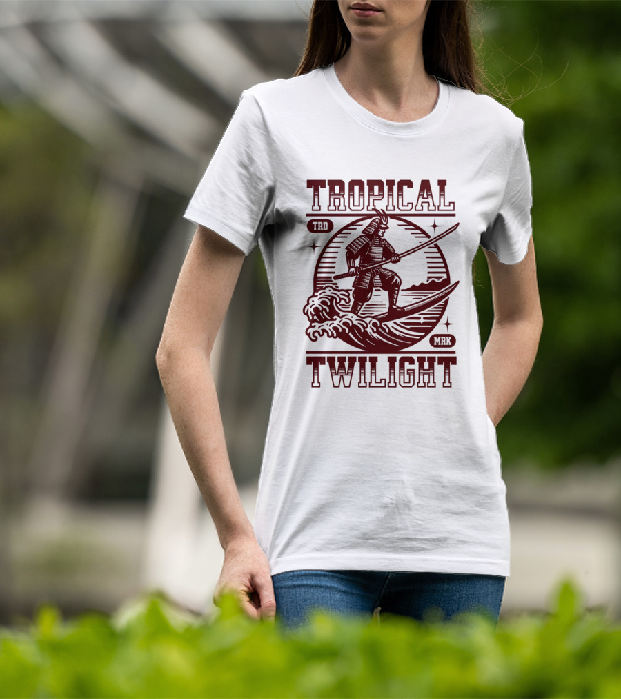 Tropical Twilight Surfing Samurai On Waves In Sunset Scene With TRD MRK T-Shirt
