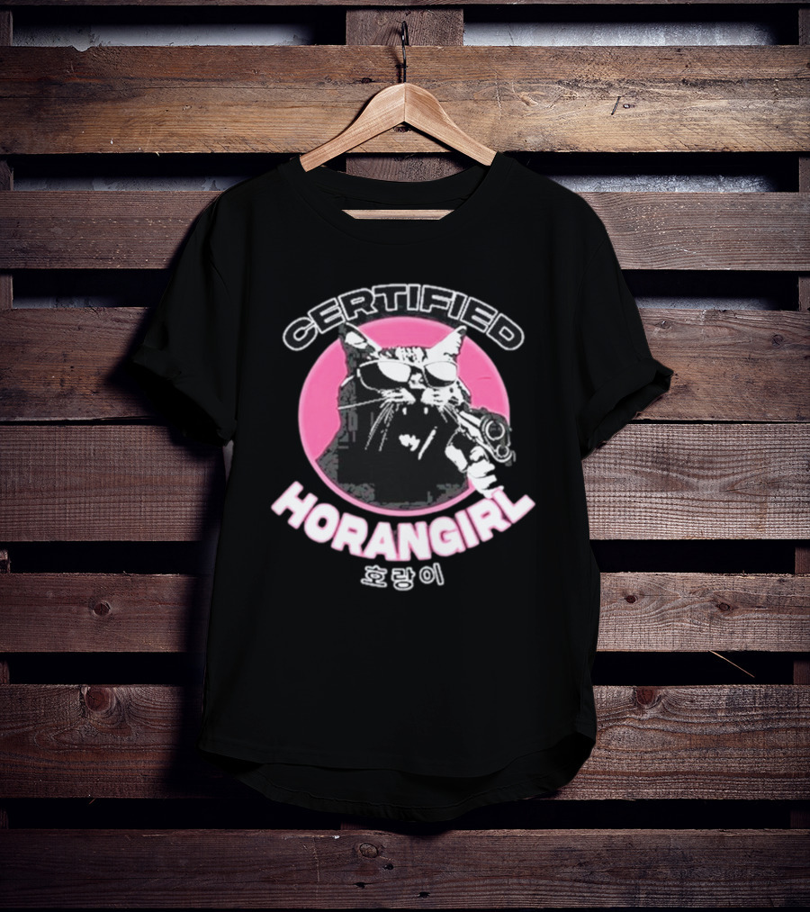 Certified Horangirl 호랑이 Cat With Sunglasses And Toy Gun In Pink Circle T-Shirt