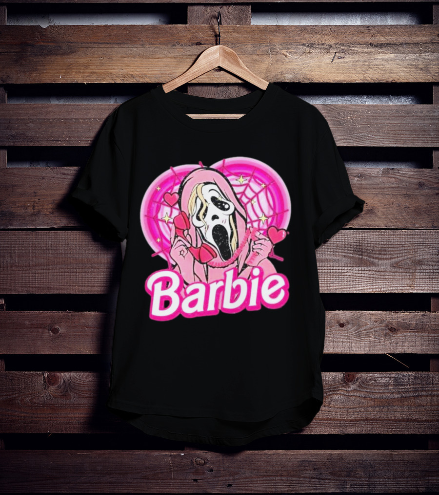 Barbie Horror Doll Ghost Face With Hearts And Pink Spiderwebs T-Shirt