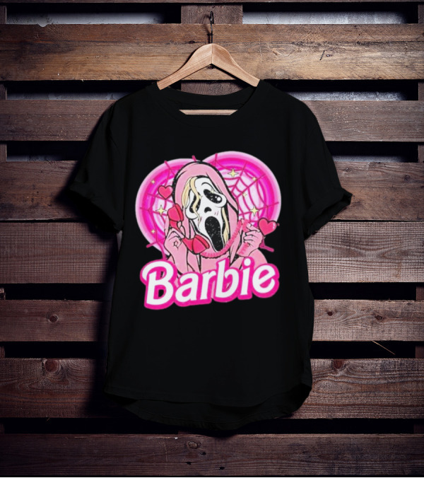 Barbie Horror Doll Ghost Face With Hearts And Pink Spiderwebs T-Shirt