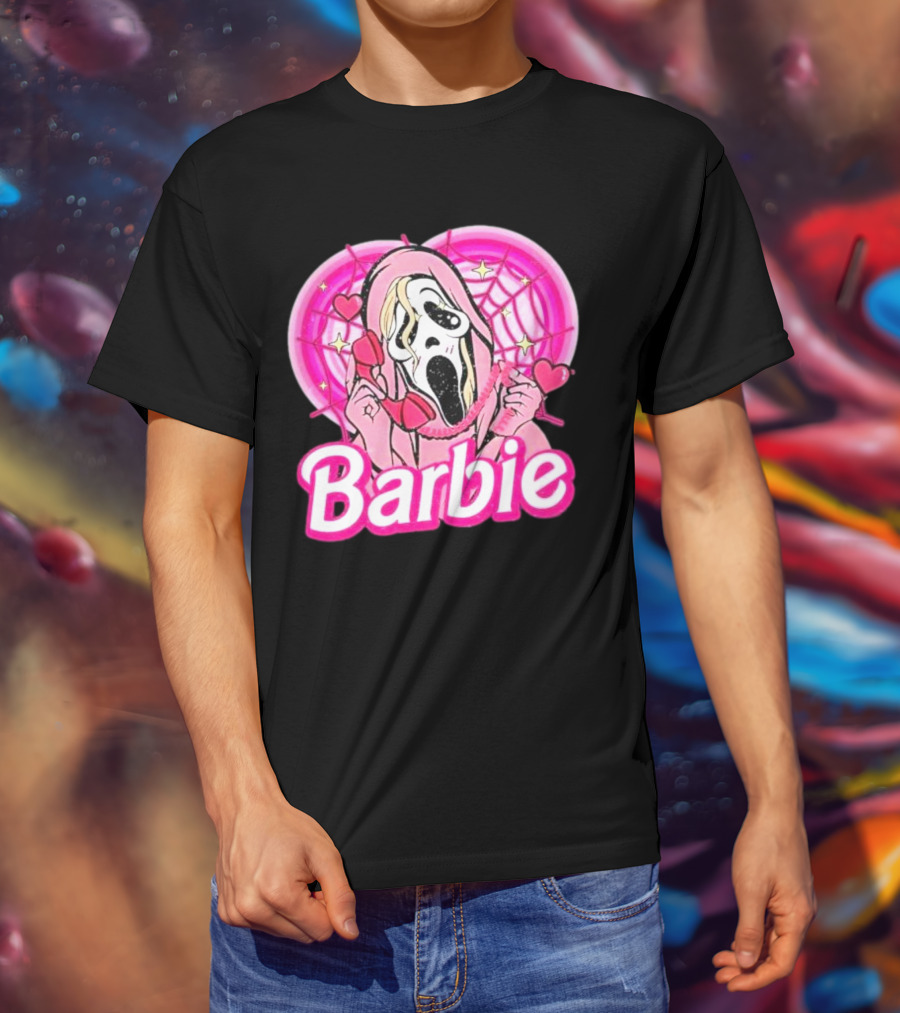 Barbie Horror Doll Ghost Face With Hearts And Pink Spiderwebs T-Shirt