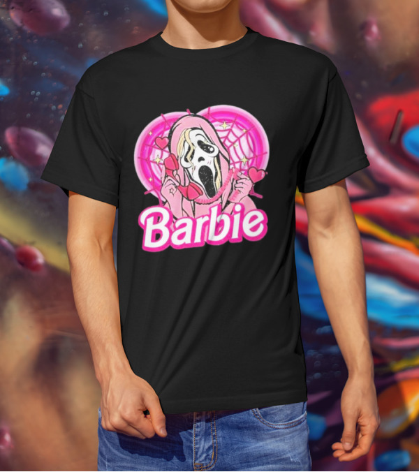 Barbie Horror Doll Ghost Face With Hearts And Pink Spiderwebs T-Shirt