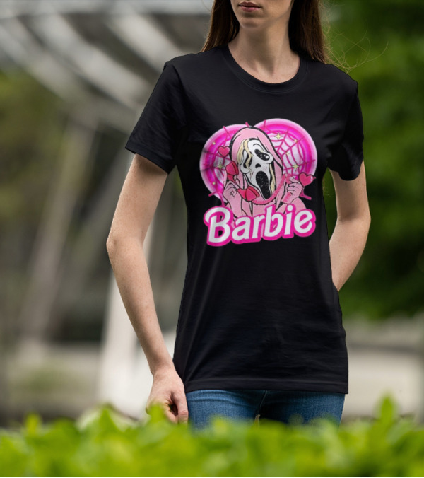 Barbie Horror Doll Ghost Face With Hearts And Pink Spiderwebs T-Shirt