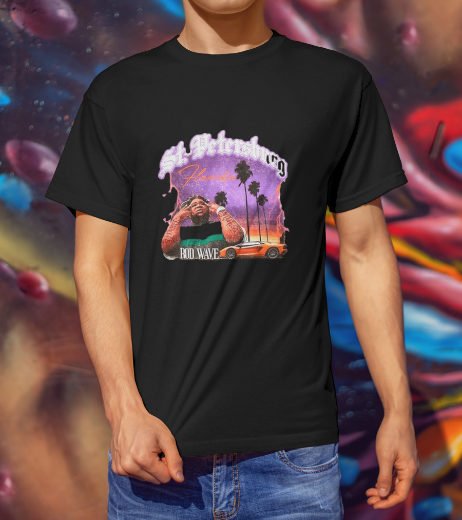 St. Petersburg Florida Rod Wave Purple Sunset Orange Car Palm Trees T-Shirt