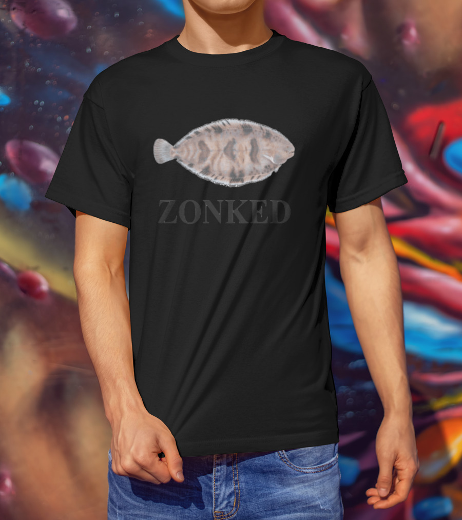 Zonked Fish Flounder With Faded Text T-Shirt
