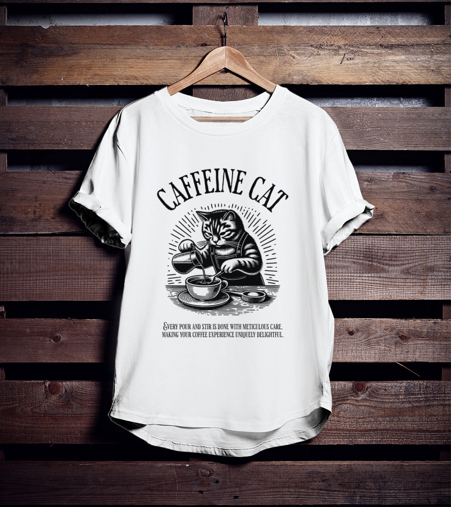CAFFEINE CAT EVERY POUR AND STIR IS DONE WITH METICULOUS CARE MAKING YOUR COFFEE EXPERIENCE UNIQUELY DELIGHTFUL T-Shirt